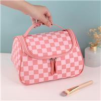 Checkered Pattern Cosmetic Bag – Spacious Portable Travel Makeup Organizer